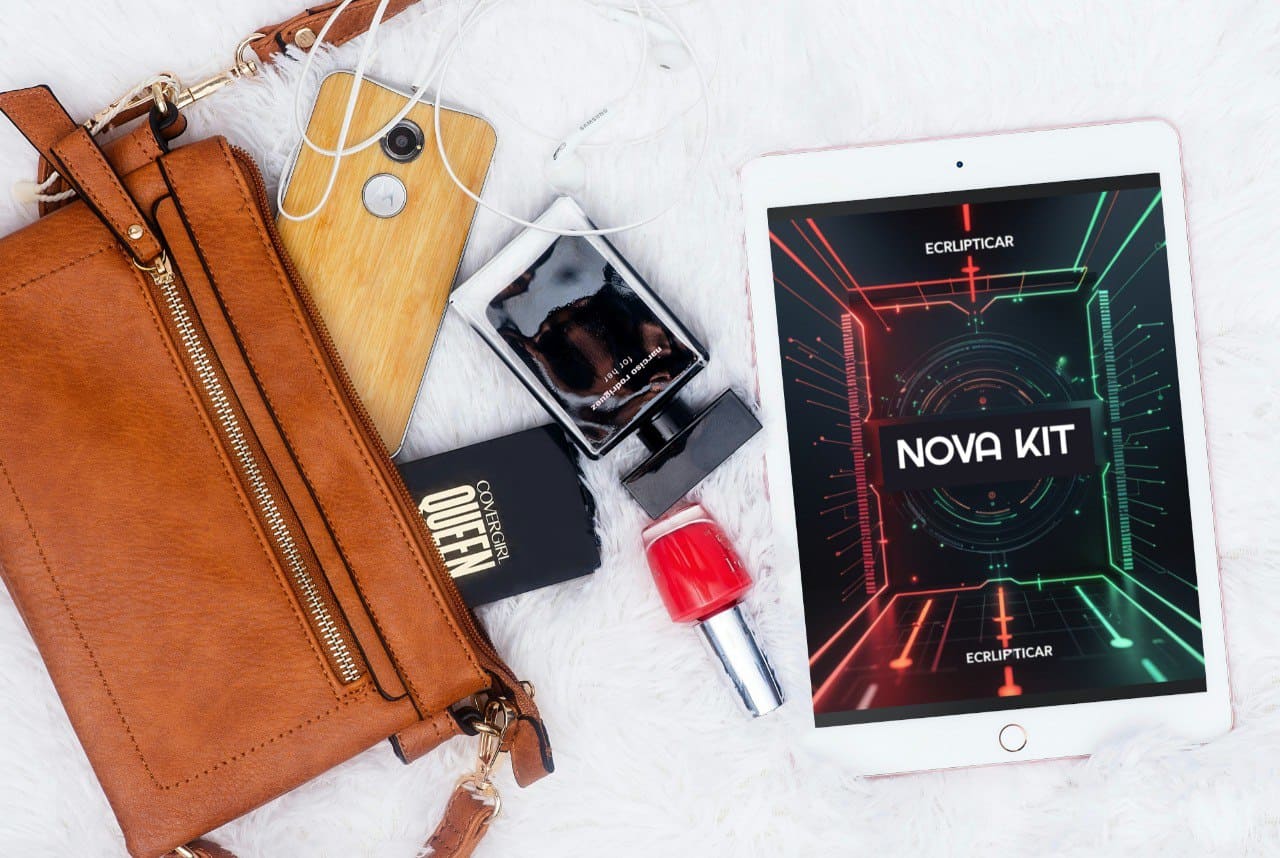 Tablet displaying 'NOVA KIT' on a white surface with a brown leather bag, phone, and other items.