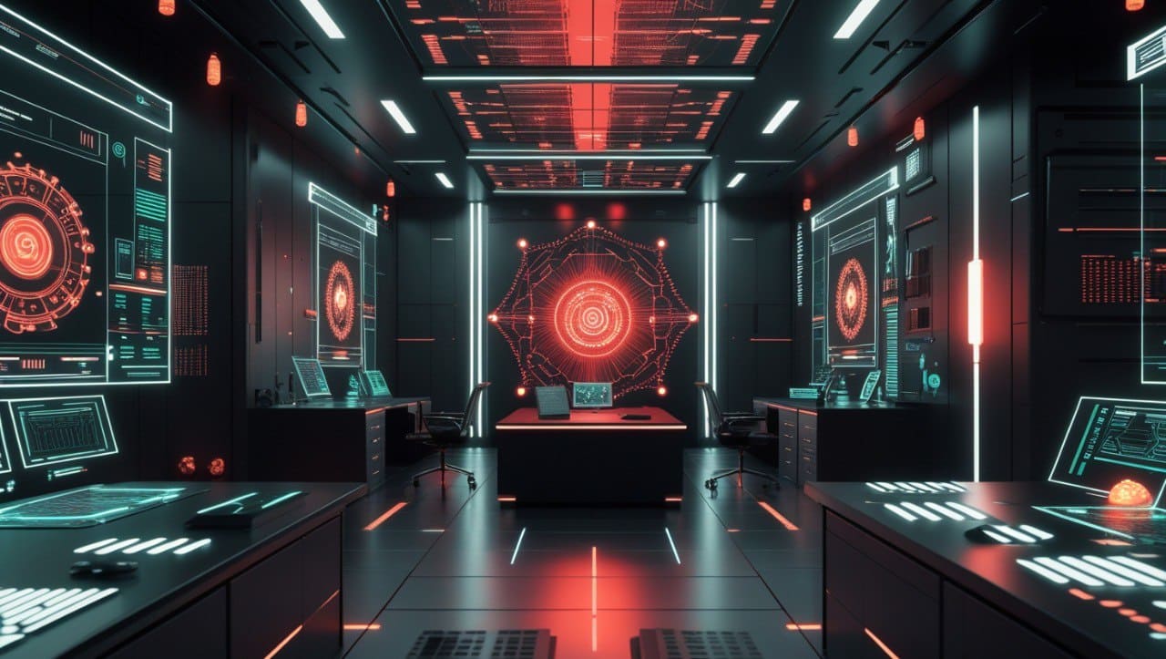 High-tech room with futuristic control panels and red lighting
