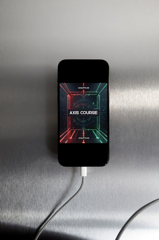 Phone with a 'Axis Course' interface on a metallic surface