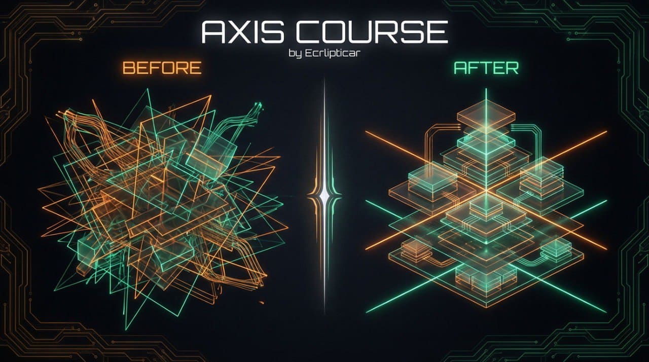 Before and after comparison of a futuristic geometric design with 'Axis Course' branding.