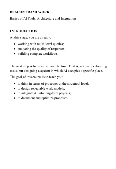 Preview of PDF AI course 'Beacon Framework' content topics on a white background