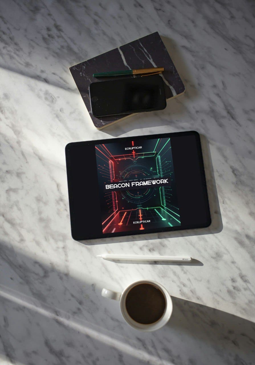 Tablet displaying 'Beacon Framework' on a marble surface with a coffee cup and pen.