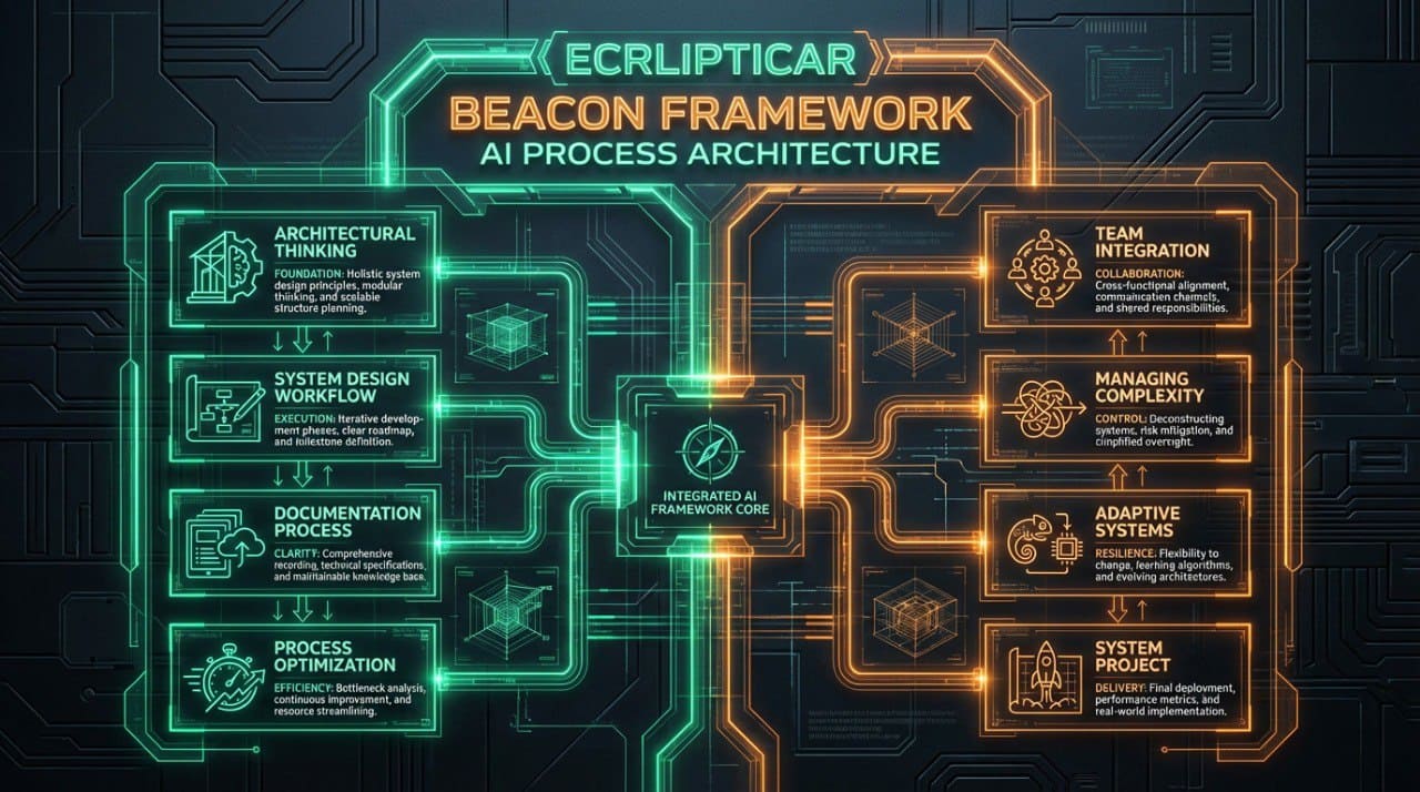 Ecrlipticar Beacon Framework AI Process Architecture diagram with glowing lines and text on a dark background