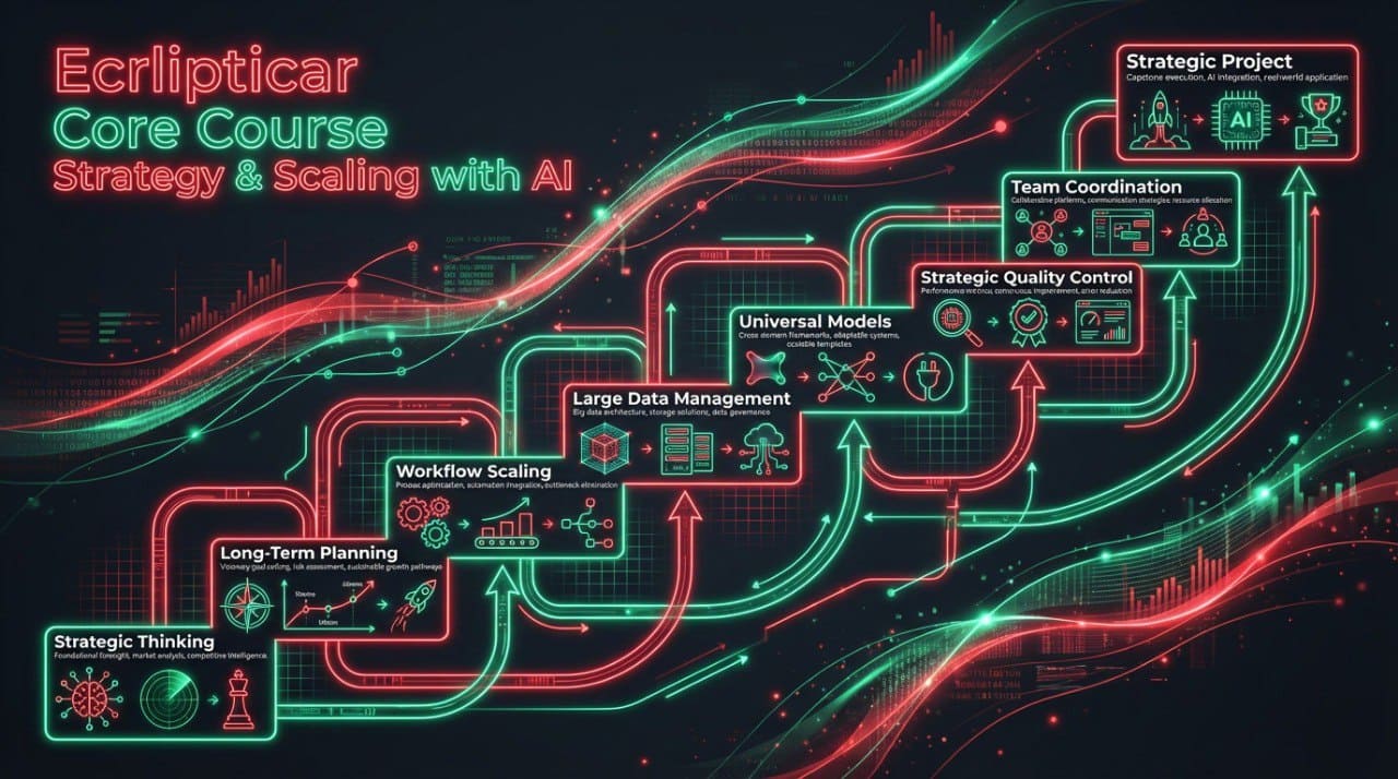 Diagram of a 'Core Course' on strategy and scaling with AI, featuring green and red lines on a dark background.