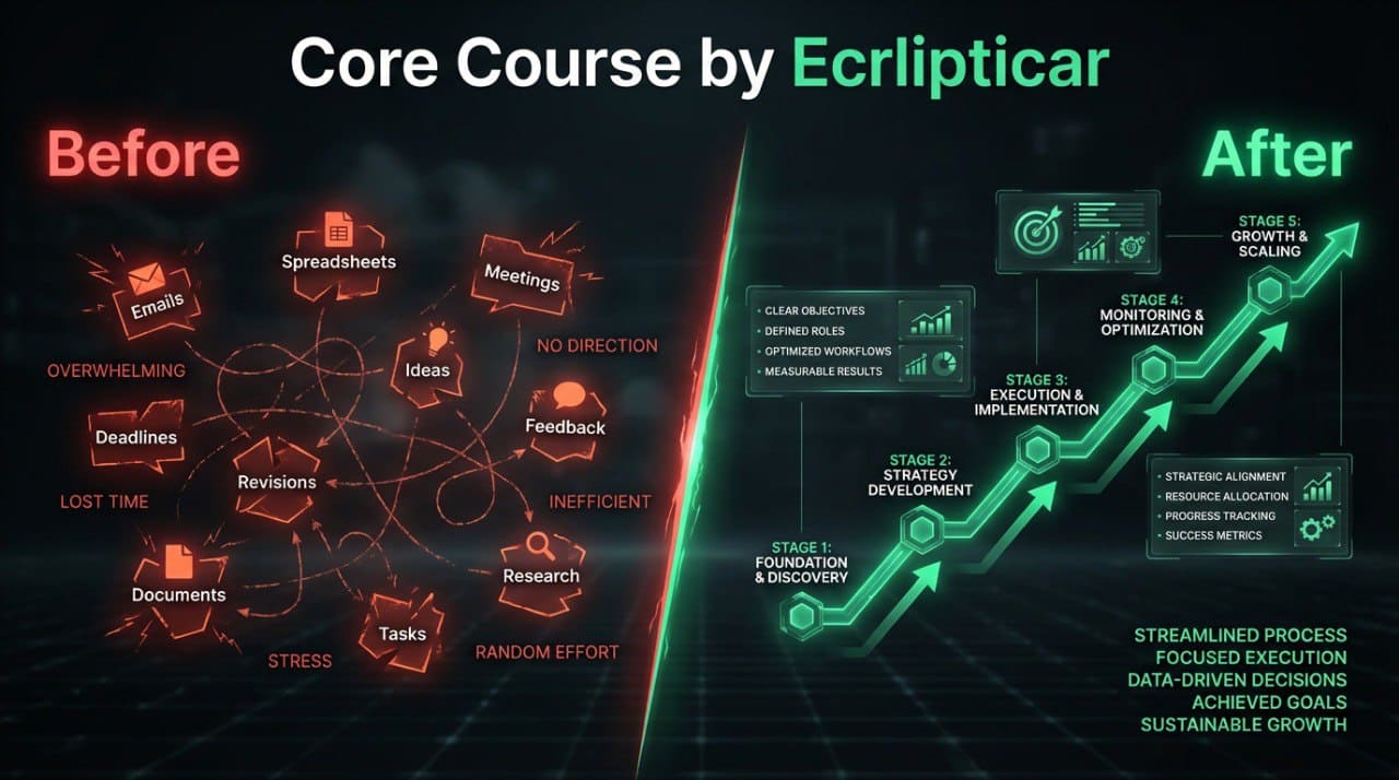 Comparison of 'Before' and 'After' diagrams for Ecrlipticar 'Core Course' on a dark background.