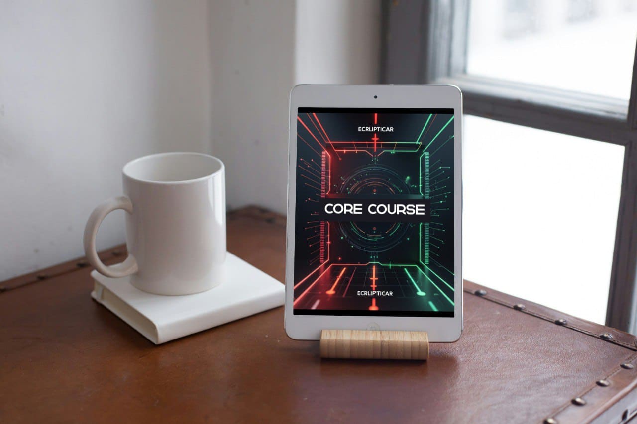 Tablet on a stand displaying a 'Core Course' next to a mug on a wooden surface.