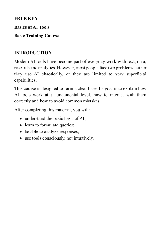 Preview of PDF AI course 'Free Key' content topics on a white background