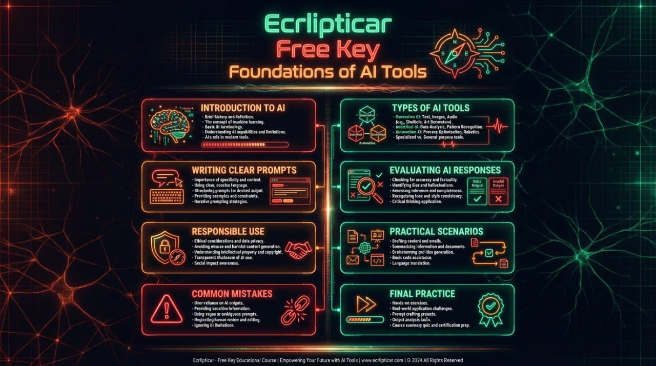 Ecrlipticar 'Free Key' Foundations of AI Tools course outline with a futuristic design on a dark background.