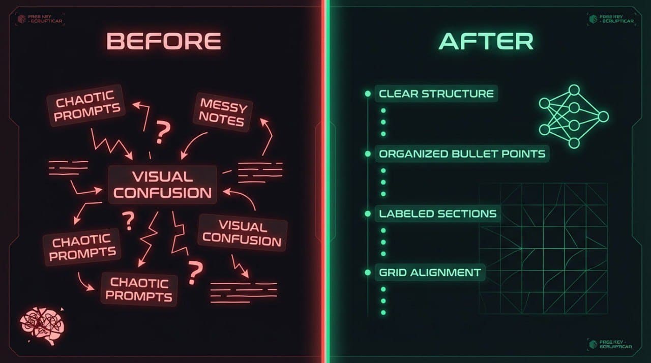 Comparison of chaotic and organized text structures with 'Before' and 'After' labels.