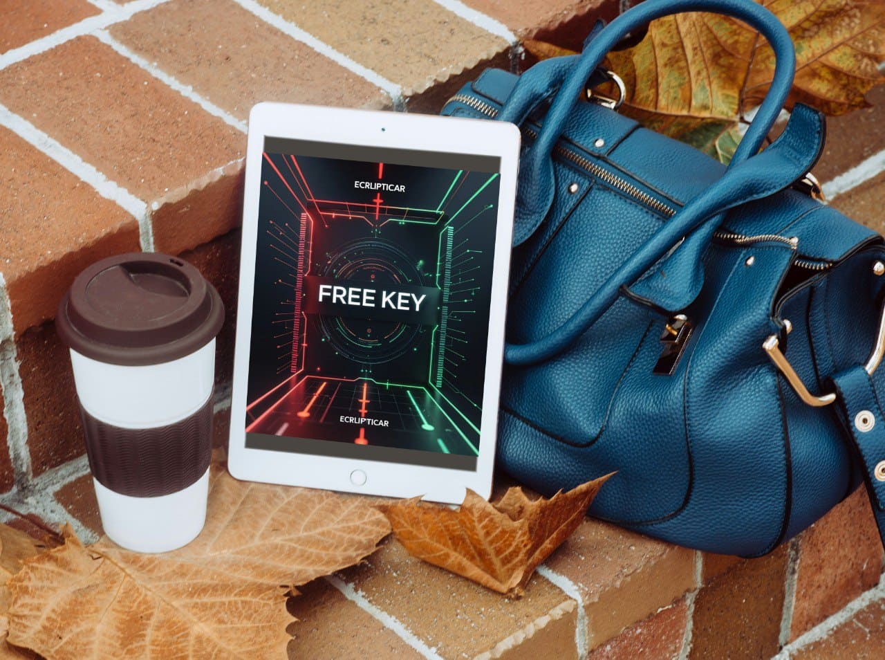 Blue handbag, tablet with 'Free key' course on screen, and coffee cup on brick surface