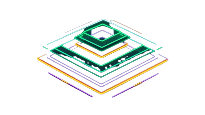 Geometric layered design with green, yellow, and purple lines on a white background