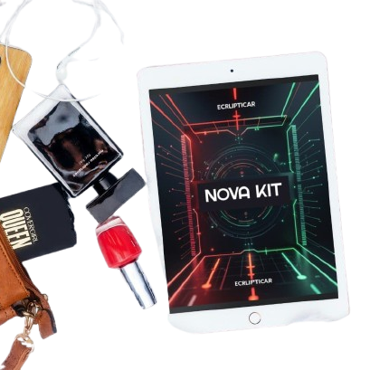 Brown leather handbag, tablet displaying 'NOVA KIT', and other items on a white background