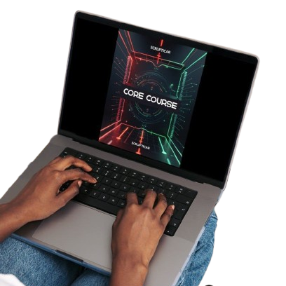 Person using a laptop with a 'CORE COURSE' screen on a white background