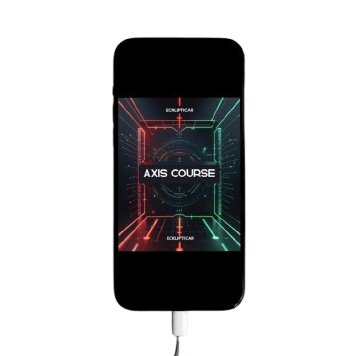 Phone with a gaming app on screen displaying 'Axis Course' on a white background