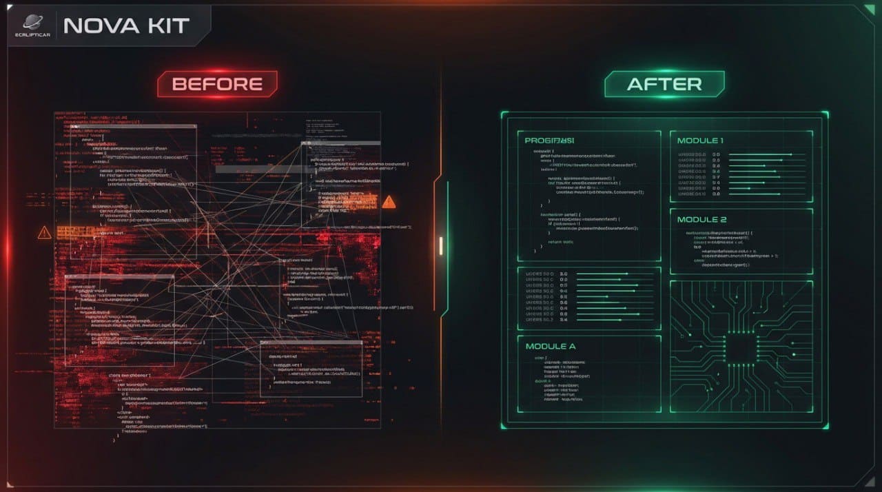 Before and after comparison of a technical diagram with 'Nova Kit' branding.