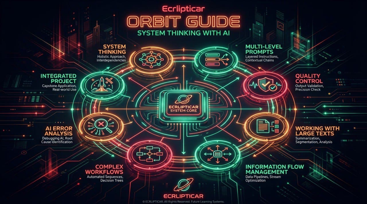 Ecrlipticar 'Orbit Guide' system thinking with AI diagram on a dark background
