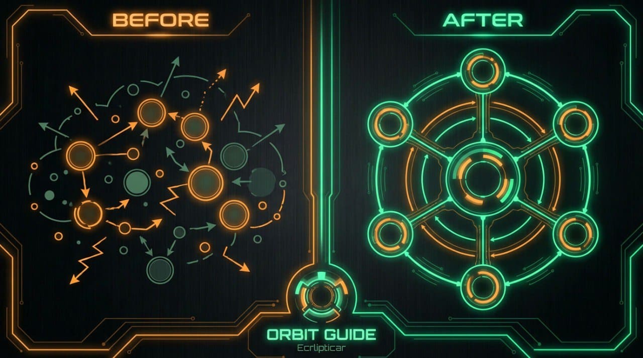 Before and after comparison of a futuristic interface design with glowing green and orange elements.