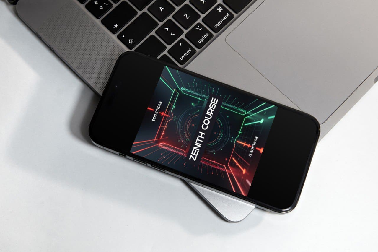 Smartphone with a futuristic AI course 'Zenith Course' interface on a laptop keyboard