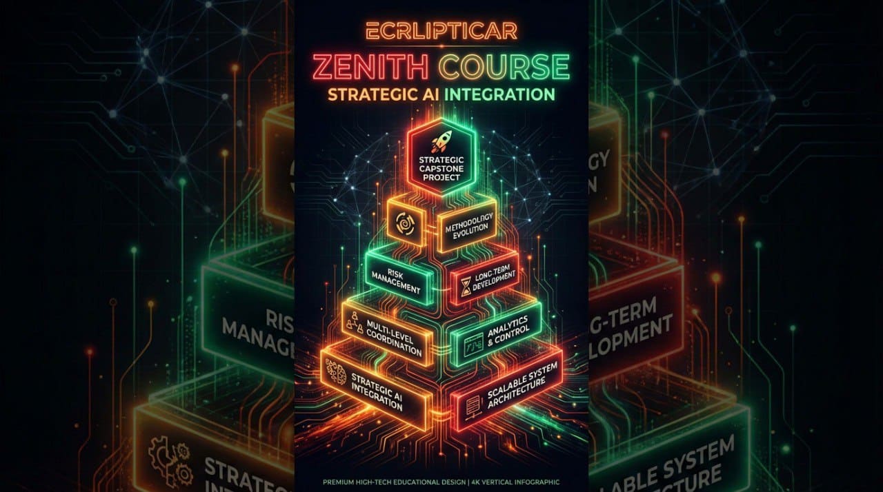 Neon pyramid with text on a dark background, likely related to an educational 'Zenith Course' course on strategic AI integration.