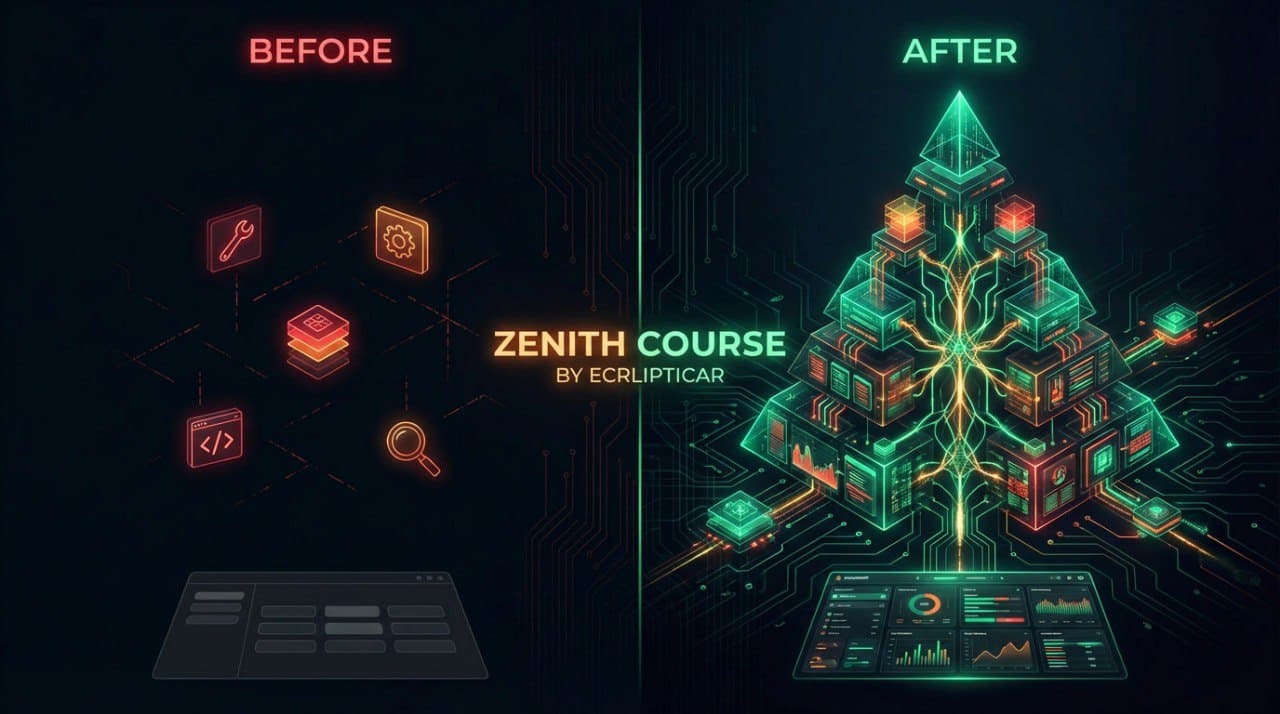 Before and after comparison of a digital design project titled 'Zenith Course by EcruTiptop'.